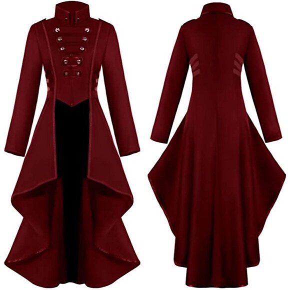 Steampunk Victorian Swallow Tail Long Trench Coat Jacket Red Cosplay Punk NWT - Picture 5 of 6